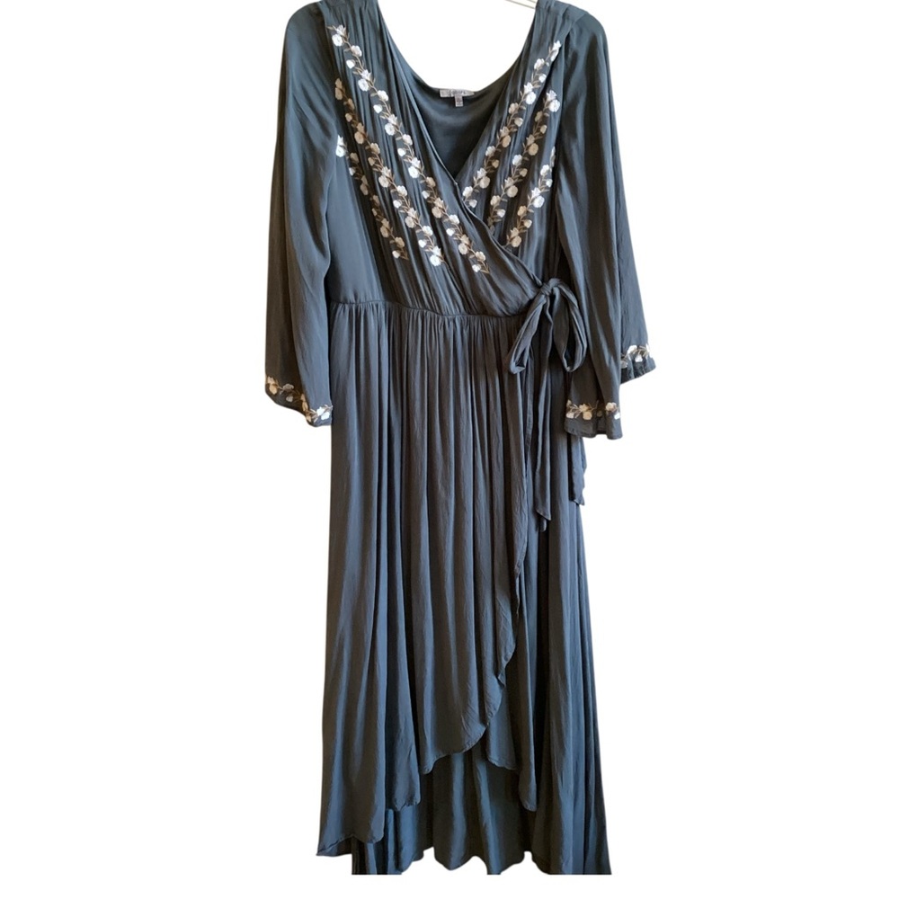 Jodifl Teal Embroidered Wrap Long Gown Dress Misses size L - Picture 2 of 9